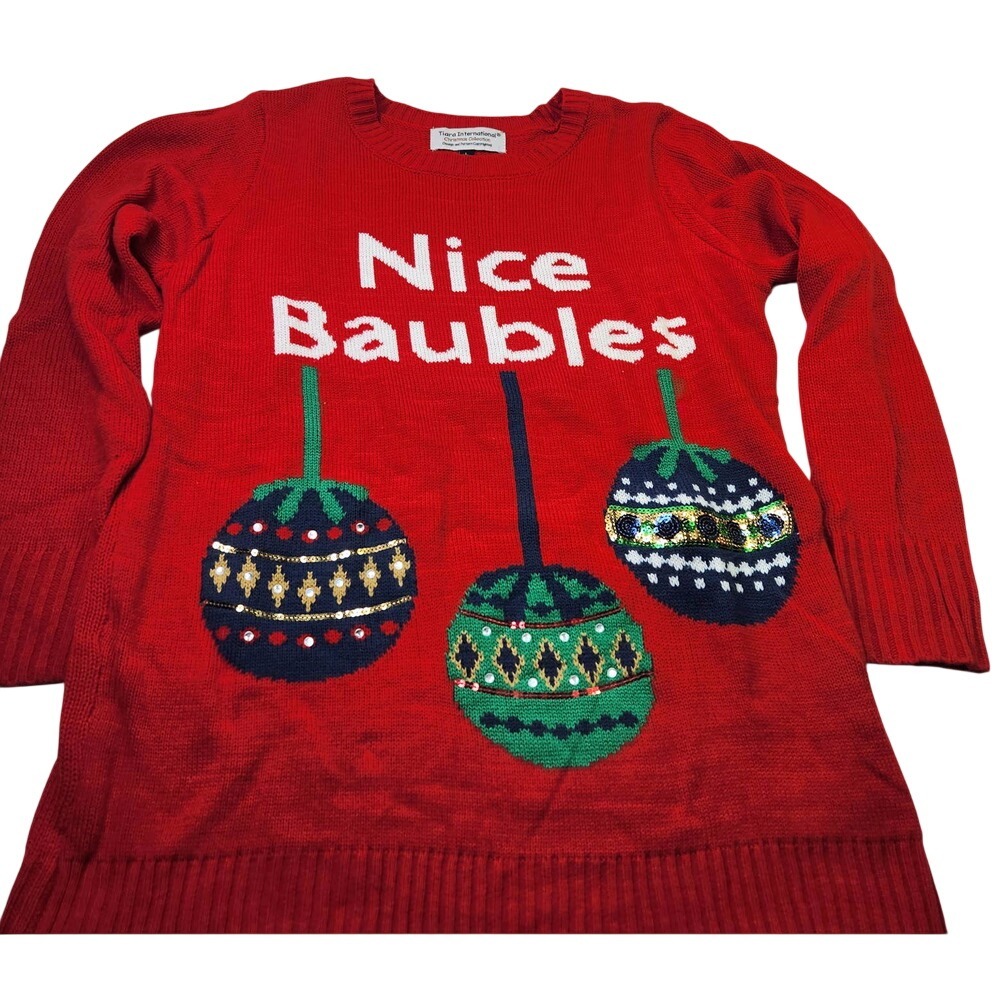 Tiara International Christmas Sweater Womens Large Red Nice Baubles Ornament L